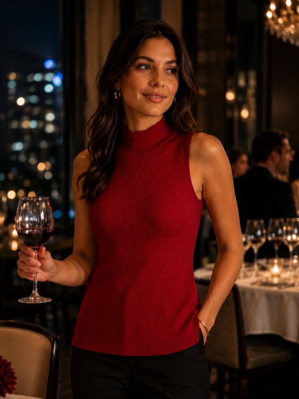 City Silk Knitwear Red/Wine Ribbed Mock Neck Sleeveless Silk Blend Top/ Tank M